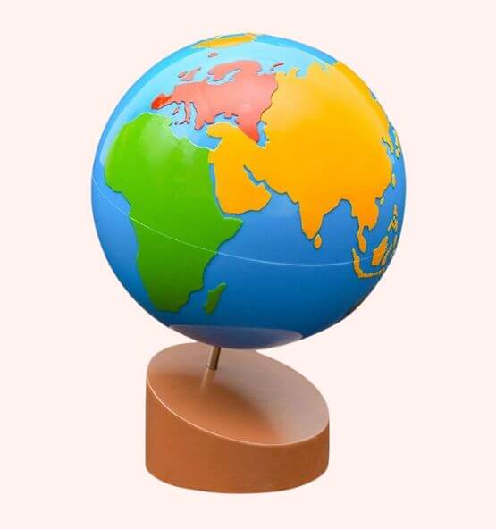 Montessori globe designed to teach children about continents and geography, supporting early learning in spatial awareness and world exploration.