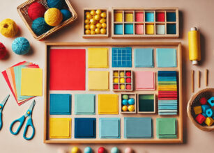A table with different colored paper or felt squares (red, blue, yellow, green) cut and arranged neatly. Small matching colored baskets or containers