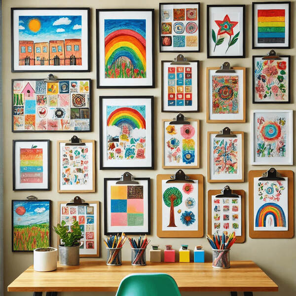 A bright and colorful wall in a home featuring a rotating gallery of children's artwork displayed in frames and clipboards. The frames and clipboards 