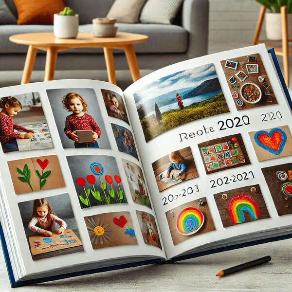 A custom photo book with pages open showing high-quality photos of children's artwork. The book is placed on a table, and the photos are arranged neat