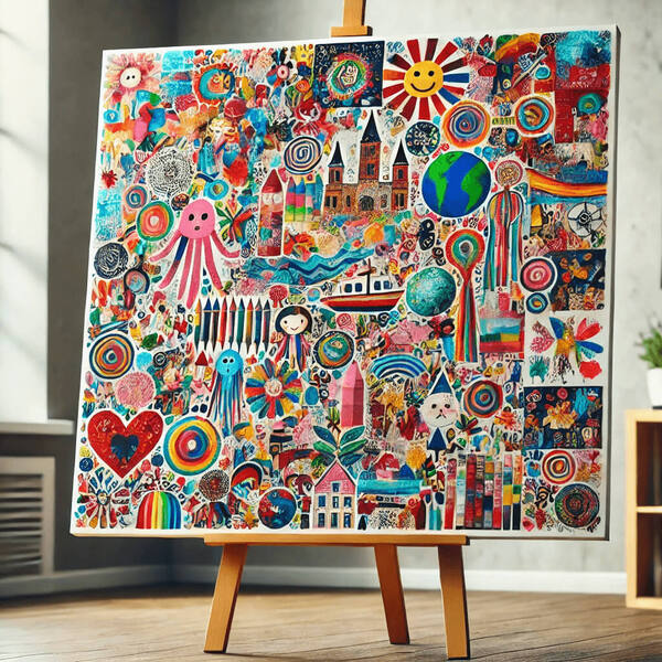 A large canvas with a colorful collage made from children's artwork. The collage includes various styles and colors, all integrated into a single, vib