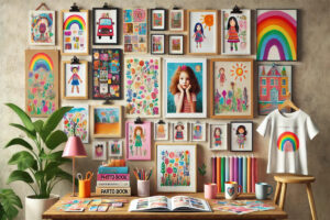 A vibrant and colorful scene featuring a variety of children's artwork displayed in creative ways. The scene includes a wall gallery with framed