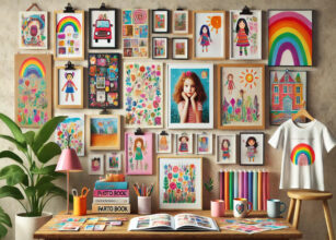 A vibrant and colorful scene featuring a variety of children's artwork displayed in creative ways. The scene includes a wall gallery with framed