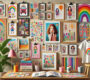 A vibrant and colorful scene featuring a variety of childrens artwork displayed in creative ways. The scene includes a wall gallery with framed 90x80