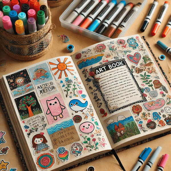 An art book journal open on a table, showing children's artwork attached inside along with handwritten stories and decorations like stickers and drawing