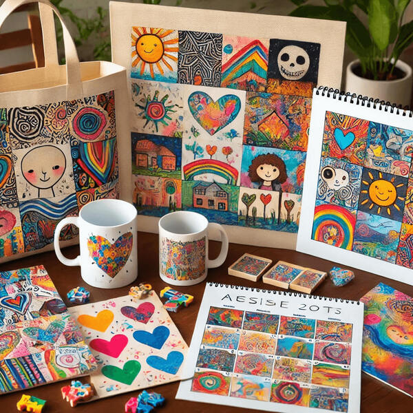 Various custom gifts made from children's artwork, including a mug, tote bag, calendar, and puzzle. The items are displayed on a table