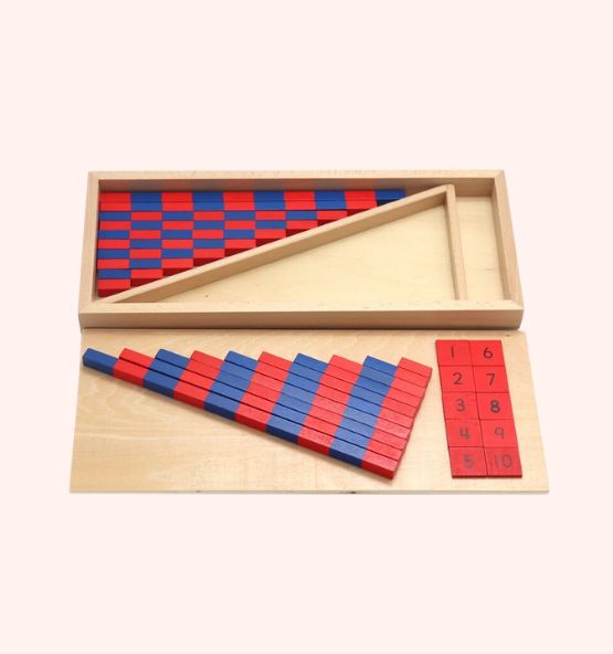 Montessori addition strips box with red and blue color-coded strips, neatly arranged in a wooden tray for mathematical activities.