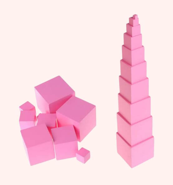 Montessori Pink Tower educational toy used for early learning, helping children develop spatial awareness, coordination, and size differentiation.