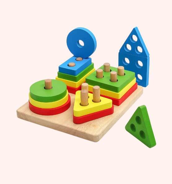 Montessori geometric shape sorter and stacking puzzle for children, featuring colorful circles, squares, rectangles, and triangles to develop fine motor skills and shape recognition.