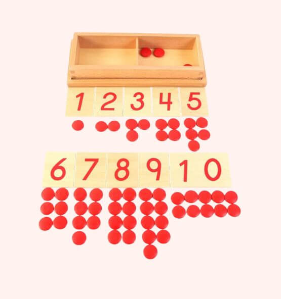 Montessori wooden number and counter set for teaching early math skills, with numbers 1 to 10 and matching red counters for hands-on counting practice.