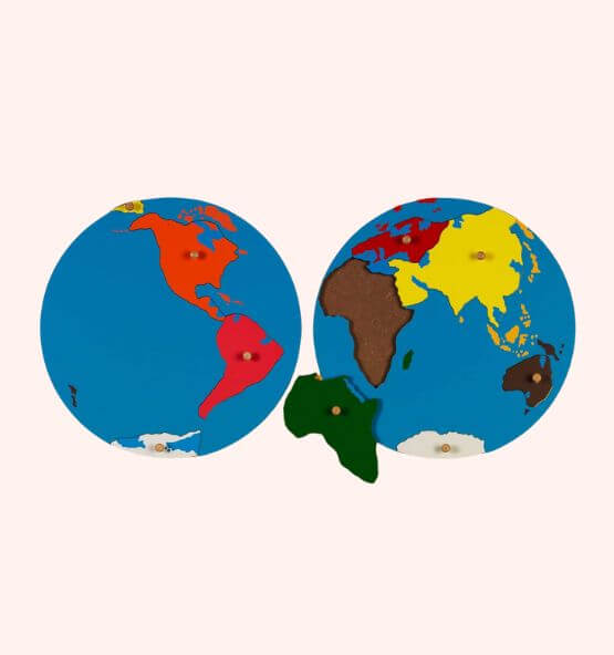 Montessori world map puzzle for geography learning, featuring continents in vibrant colors to help children explore and understand the world.