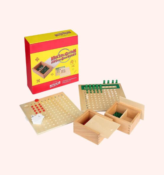 Montessori multiplication and division board set with wooden pegs and a packaging box, designed for hands-on mathematical learning.