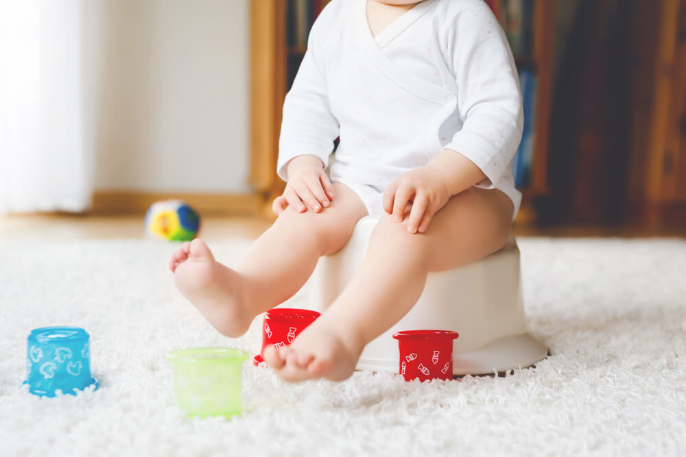 Toddler sitting on a potty, engaging in early potty training to learn independence and personal care skills.