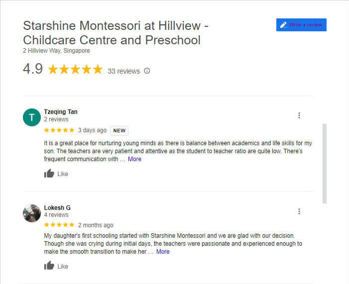 4.9 Google Business Review Starshine Montessori