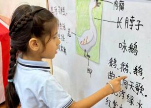 A young child pointing at a whiteboard during a Montessori Chinese lesson, engaging with labeled diagrams and characters, fostering language learning and comprehension skills at Starshine Montessori.