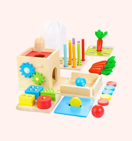 A Montessori educational toy set featuring wooden materials like a gear box, carrot harvest game, stacking pegs, and geometric shape sorters designed to develop fine motor skills, problem-solving, and color recognition.