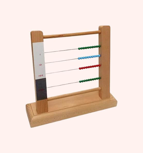 A Montessori small bead frame made of wood with colorful beads representing place values for teaching mathematical concepts such as addition, subtraction, multiplication, and division.