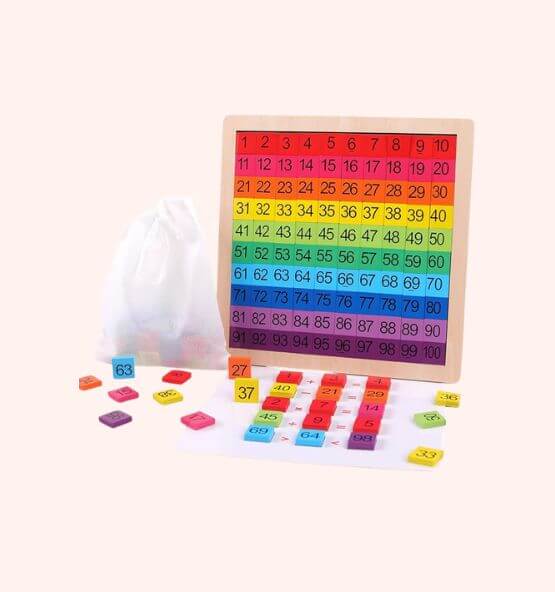 Montessori hundred board with colorful wooden number tiles – A hands-on math learning tool designed to teach number sequencing, counting, and early arithmetic skills. Includes a wooden board, removable number.