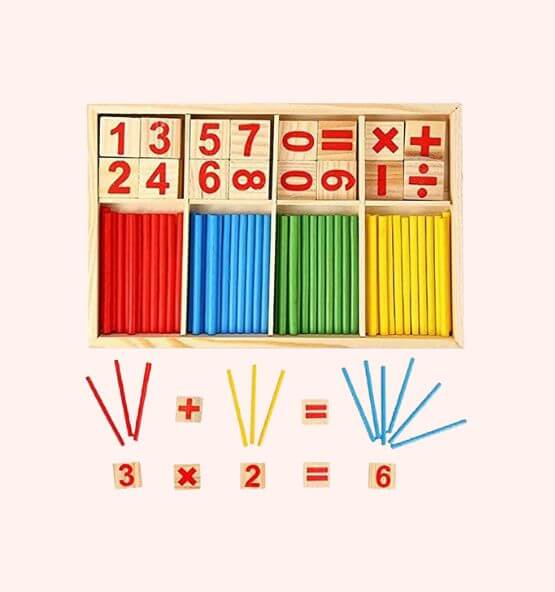 Montessori math learning set with colorful counting sticks and wooden number blocks. Designed to teach early math concepts, including addition, subtraction, multiplication, and division, through hands-on, visual learning.