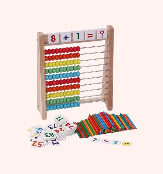 Montessori wooden abacus math learning set with colorful beads, number tiles, and counting sticks. Designed to help children develop early math skills, including addition, subtraction, and number recognition, through interactive and hands-on learning.