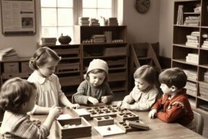 Vintage Montessori classroom with young children engaged in hands-on learning activities. The setting features wooden educational materials, shelves filled with books, and a warm, structured environment promoting independent learning and collaboration.