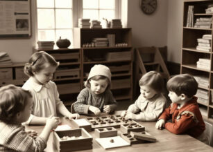 Vintage Montessori classroom with young children engaged in hands-on learning activities. The setting features wooden educational materials, shelves filled with books, and a warm, structured environment promoting independent learning and collaboration.