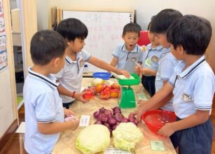 Young children engaged in a Montessori classroom market role-play activity, using real vegetables, a weighing scale, and shopping baskets. This hands-on learning experience promotes practical life skills, teamwork, and early math concepts in a fun and interactive environment at Starshine Montessori preschool.