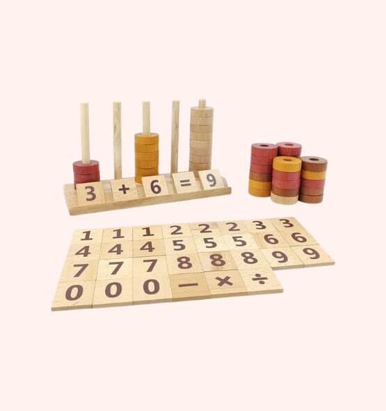 Montessori wooden math counting stackers with number blocks – Educational learning toy designed to teach counting, arithmetic, and number recognition through hands-on play with colorful stacking rings and wooden number tiles.